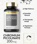 Chromium Picolinate 200Mcg | 250 Tablets | Vegetarian, Non-Gmo, Gluten Free Supplement | By Carlyle