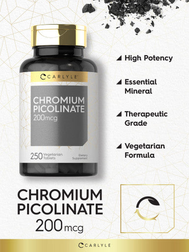 Chromium Picolinate 200Mcg | 250 Tablets | Vegetarian, Non-Gmo, Gluten Free Supplement | By Carlyle