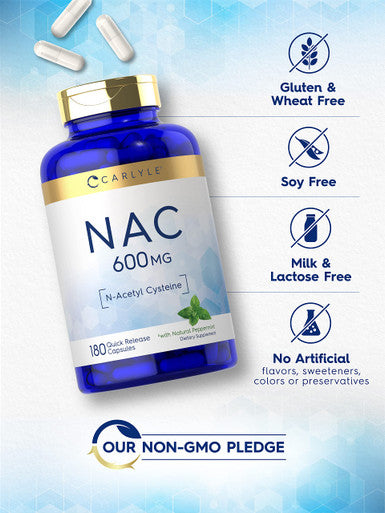 Carlyle Nac N-Acetyl Cysteine 600Mg | 180 Capsules | With Peppermint | Free Form Supplement | Non-Gmo, Gluten Free