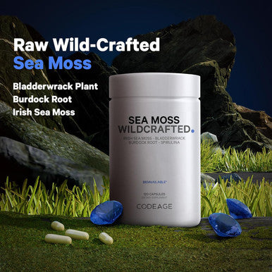 Codeage Raw Wildcrafted Irish Sea Moss Supplement Spirulina Algae Bladderwrack Seaweed Burdock Root Black Pepper Vegan Non-GMO 120 Capsules