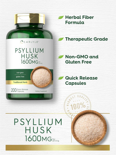 Carlyle Psyllium Husk Capsules 1600mg | 200 Count | High Potency Fiber Supplement | Non-GMO Gluten