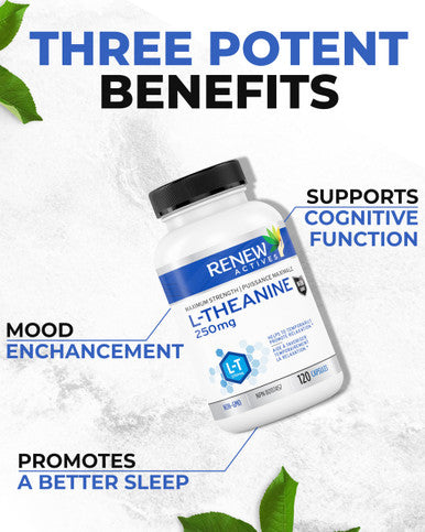 Renew Actives L-Theanine Supplement, 250Mg Max Strength! Promotes Alertness Without Drowsiness. Natural, Fast-Acting Supplements For Less Stress & More Calm, 120 Vegan Capsules, Made In Canada!