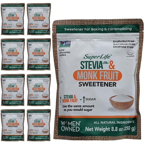 Super Life Stevia & Monk Fruit Sweetener ÃƒÂ¢Ã¢â€šÂ¬Ã¢â‚¬Å“ Low-Glycemic Index, Erythritol-Free Sugar Alternative for Baking, Beverages & Caramelizing | Non-GMO, Low-Calorie, Keto Diet Friendly ÃƒÂ¢Ã¢â€šÂ¬Ã¢â‚¬Å“ 8.8oz / 250g
