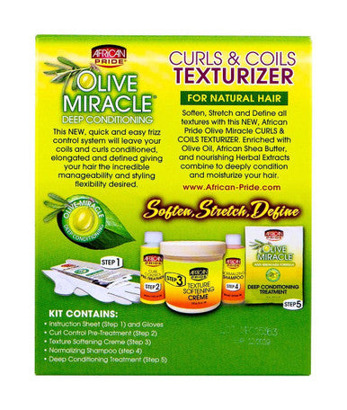 African Pride Olive Miracle Curls & Coils Texturizer - Contains Aloe Vera, Castor Oil & Biotin to Condition & Define Hair, Protect, 1 Kit