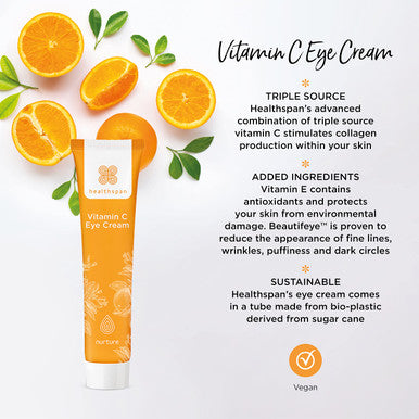 Healthspan Vitamin C Eye Cream (15ml) | 3 sources of Vitamin C with Caffeine Hyaluronic Acid & Vitamin E | Brightening Eye Cream | Reduces the appearance of puffiness & smooth skin | Vegan