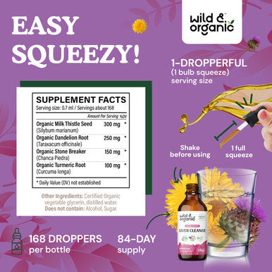 Wild & Organic Liver Cleanse Detox Tincture - Milk Thistle Dandelion Root Herbal Complex - Liquid Liver Support Supplement - Vegan Sugar & Alcohol-Free Milk Thistle Drops - 4 fl oz