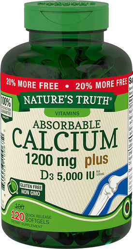 Absorbable Calcium 1200 mg with Vitamin D3 5000 IU | 120 Softgels | Calcium Carbonate Supplement | Non-GMO Gluten | Nature's Truth
