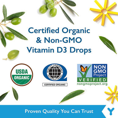 YYUX Certified Organic D3 Drops 1000 IU - Non-GMO Project Verified For Strong Bones, Teeth & Good Health - 180 Drops, 6 Months Supply