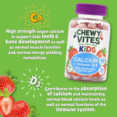 Chewy Vites Kids Calcium and Vitamin D3 60 Kids Calcium Gummies Help Support Healthy Bones and Teeth 2 Months Supply Real Fruit Juice Vegan Age 3 + Strawberry Flavour