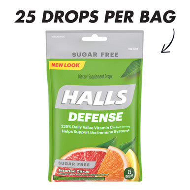 HALLS Defense Assorted Citrus Sugar Free Vitamin C Drops Dietary Supplement Drops 12 Bags of 25 Drops 300 Total Drops