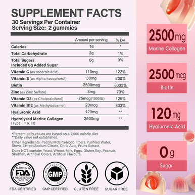 Sugar Collagen Gummies For Women, Super Strength 2500Mg Hydrolyzed Collagen Peptides Gummies With Biotin,Vitamin D3,E,C,B12,Zinc For Skin, Nail, Hair,Bone,JointÃƒÂ¢Ã¢â€šÂ¬Ã¢â‚¬Å“Natural Peach Flavor,120 Gummies
