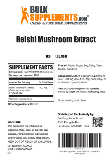 BulkSupplements Reishi Mushroom Extract Powder - Mushroom Supplements for Immune Support, Superfood - 1000mg of Ganoderma Lucidum Extract , (1 Kilogram - 2.2 lbs)
