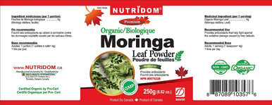 Nutridom Organic Moringa Leaf Powder 250g, Non-GMO, Natural, No Additives, Provides antioxidants, Product of Canada