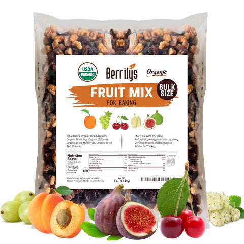 Berrilys Dried Fruit Mix USDA Organic, 1 Lb of Diced Figs, Apricots, White Mulberries, Sultanas, Sour Cherries - No Sugar Added, Non-GMO, Perfect for Baking, Oatmeal, Trail Mix & Snacking