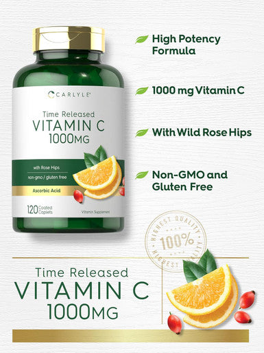 Carlyle Vitamin C 1000mg | Timed Release | 120 Vegetarian Caplets | with Rose HIPS | Non-GMO & Gluten Supplement