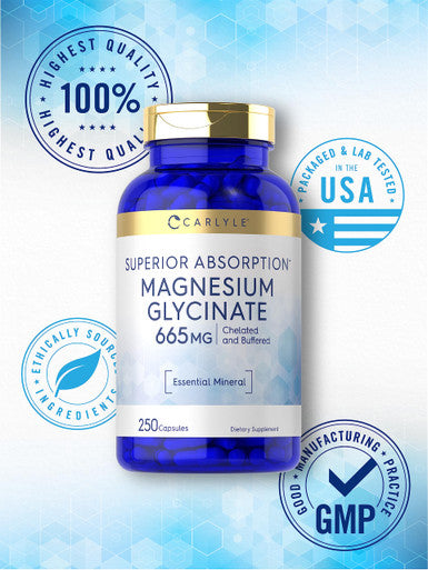 Magnesium Glycinate | 665 Mg | 250 Capsules | Non-Gmo And Gluten Free Formula | Essential Buffered Mineral Supplement | By Carlyl