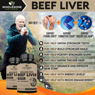 Wholesome Wellness Grass Fed Desiccated Beef Liver Capsules (180 Pills, 750mg Each) - Natural Iron, Vitamin A, B12 for Energy - Humanely Pasture Raised Undefatted in New Zealand Without Hormones or Chemicals