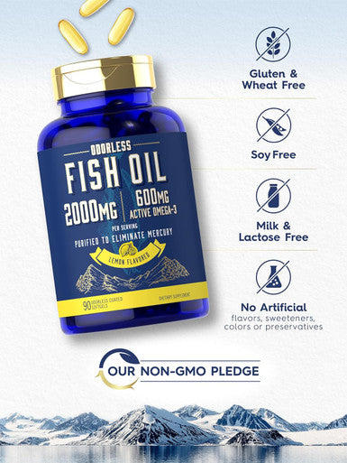 Carlyle Fish Oil 2000mg | 600mg Omega 3 with EPA & DHA | 90 Odorless Softgels | Lemon Flavored Supplement | Non-GMO & Gluten Pills