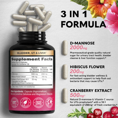 NUTRAHARMONY D-Mannose 2000Mg Capsules - 3-In-1 Urinary Tract Health Supplement - Natural Bladder, Liver & Digestive Support With Cranberry & Hibiscus Flower - Made In Usa - For Women & Men - 120 Vegan Pills