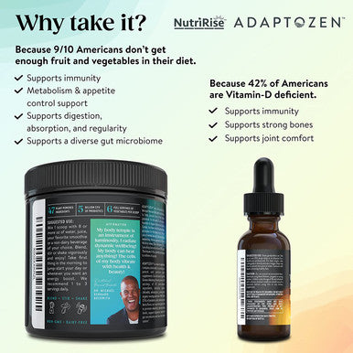 AdaptoZen Super Greens Vitamin D3 K2 Ultimate Wellness Bundle to Support Immunity Mood Energy Sleep Gut Health. Vegetarian Supplements for Men Women in Partnership with Michael Beckwith
