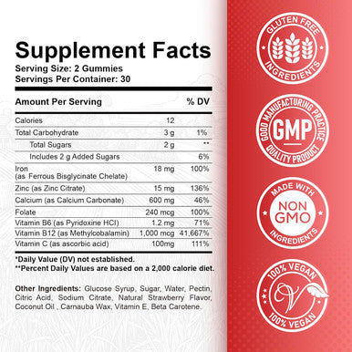 Iron Gummies - With Calcium, Zinc, Folate & Vitamin B12, C,B6 For Adults & Kids - Blood Builder & Energy Support For Iron Deficiency, Anemia, Vegan - 60 Gummies