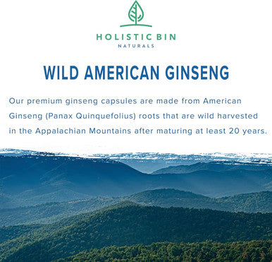 Wild American Ginseng Capsules Pure Organic Ginseng Supplement Made With Wild Harvested 20+ Year Old Roots From Appalachia (Panax Quinquefolius) No Fillers (40 Capsules)