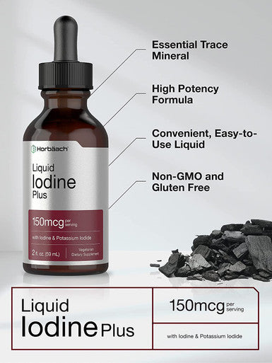 Liquid Iodine Solution Drops | 2 fl oz | 150 mcg | Iodine & Potassium Iodine Supplement | Vegetarian, Non-GMO, Gluten Free Liquid Tincture | by Horbaach