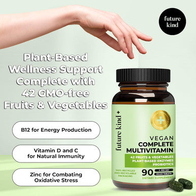 Future Kind Vegan Multivitamins Complete (90Tabs In Recycled Bottle) 42 In 1 Vegan Multivitamins For Women and Men Multivitamin W Enzymes and Probiotics For Digestion Vegan Vitamins W B12 and Zinc