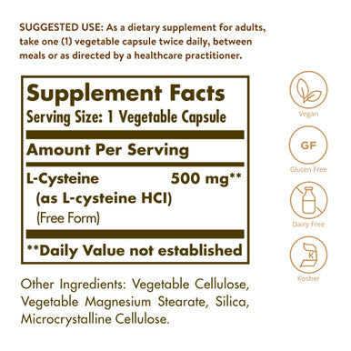Solgar L-Cysteine 500 Mg 90 Vegetable Capsules - Free Form Amino Acid - Keratin Support For Skin Hair & Nails - Glutathione Support - Vegan Gluten Free Dairy Free Kosher - 90 Servings
