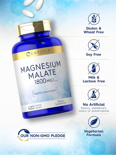 Carlyle Magnesium Malate 1800mg | 420 Coated Caplets | Vegetarian Non-GMO Gluten Supplement