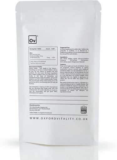 Zinc Tablets | 15mg Supplements for Skin and Immune System Health | Oxford Vitality