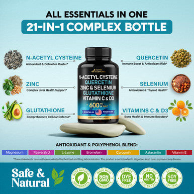 NUTRAHARMONY Nac 600 Mg Supplement | Quercetin | Zinc | Glutathione | Selenium | Vitamin C & D3 - Antioxidant, Immune & Liver Support - 21In1 N-Acetyl Cysteine Complex - Made In Usa - Non-Gmo, Vegan - 60 Capsules