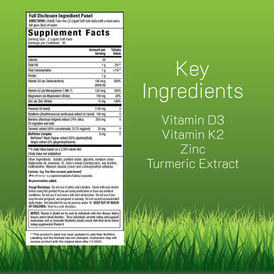 Irwin Naturals High Potency Mega D3 & K2 + Turmeric Extract 60 Liquid Softgels Healthy Bones & Immune Function