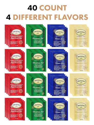 Blue Ribbon Twinings Tea Bags Sampler Assortment Box (40 Count) 4 Flavors Seasonal Collection Awesome s for College Students Friends Men Women Yourself Family Friends