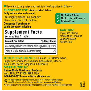 Nature Made Vitamin D3 2000 Iu (50 Mcg) Tablets 125 Count Bonus Bottle For Bone Health (Packaging May Vary)