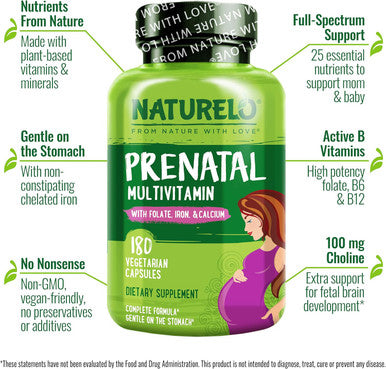 Naturelo Prenatal Multivitamin With Gentle Chelated Iron, Methyl Folate, Plant Calcium & Choline - Vegan, Vegetarian - Non-Gmo - Gluten - 180 Capsules - 2 Month Supply