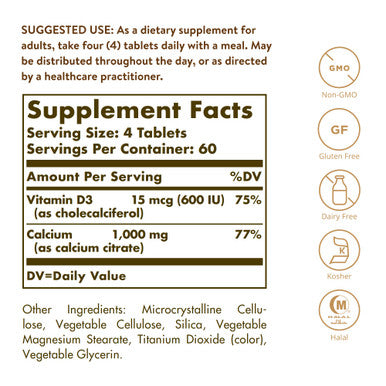 Solgar Calcium Citrate With Vitamin D3 240 Tablets - Promotes Healthy Bones & Teeth Supports Musculoskeletal & Nervous Systems - Non-Gmo Gluten Free Dairy Free Kosher Halal - 60 Servings