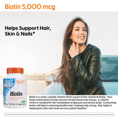 Doctor's Best Biotin 5000 Mcg Supports Hair, Skin, Nails, Boost Energy, Nervous System, Non-GMO, Vegan, Gluten Free, 120 Count