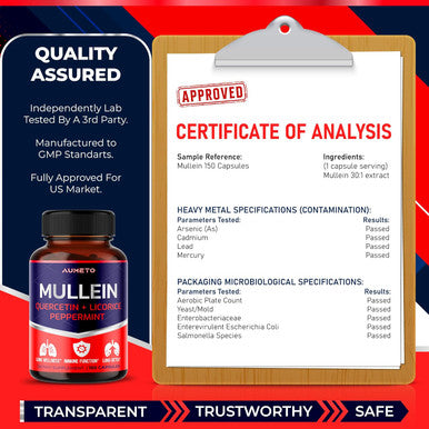 Aumeto Mullein Supplement - Enhanced Formula with Quercetin Licorice for Lung Detox Respiratory and Immune System Support (150 count (pack of 1))