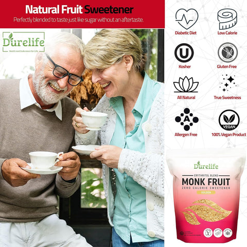 Durelife Golden Monk Fruit Sweetener, 1:1 Sugar Replacement, Keto Diet Friendly, Zero Calorie, Kosher Sugar Substitute, Golden - 10 lb Bulk Size