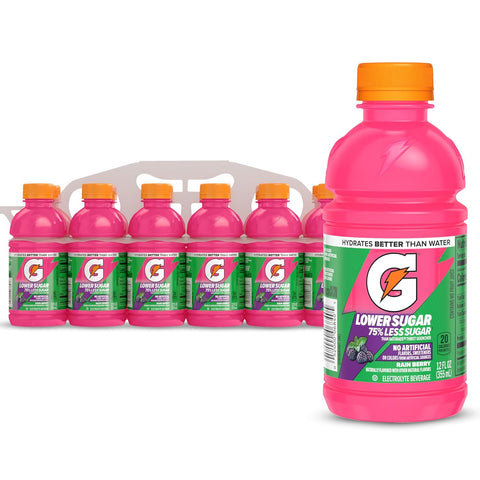 Gatorade Lower Sugar Electrolyte Sports Drink Rain Berry 12 fl oz Bottles (12 Pack) 75% Less Sugar No Artificial Flavors No Artificial Sweeteners No Artificial Colors Hydration