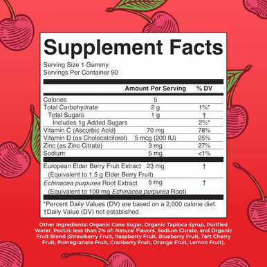 Maryruth Organics 5-1 Immunity Gummies with Elderberry for Kids & Adults | Cherry | Pectin Based | Vegan | 90 Count