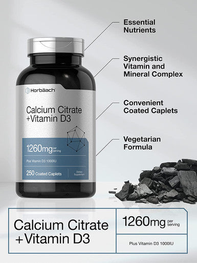Calcium Citrate 1260 mg | with D3 1000IU | 250 Caplets | Vegetarian, Non-GMO, Gluten Free Supplement | by Horbaach