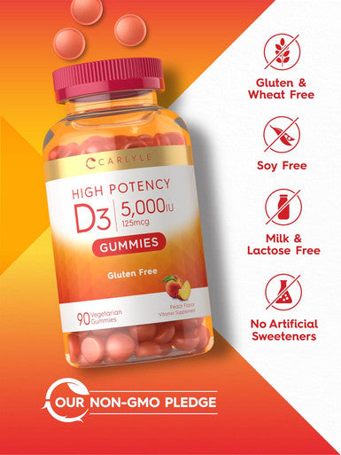 Carlyle Vitamin D3 Gummies | 5000 iu | 90 Count | Peach Flavored Gummy | High Potency for Adults | Vegetarian Non-GMO Gluten Supplement