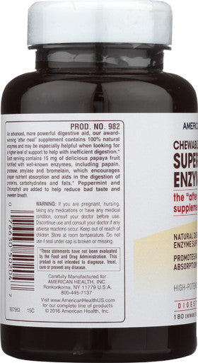 American Health Chewable Super Papaya Enzyme Plus 180 Tablets