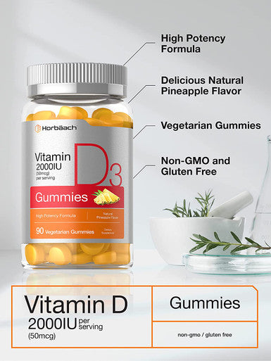 Vitamin D3 2000iu Gummies | 90 Count | Vegetarian, Non-GMO, and Gluten Free Vitamin D Supplement | 50 mcg | by Horbaach