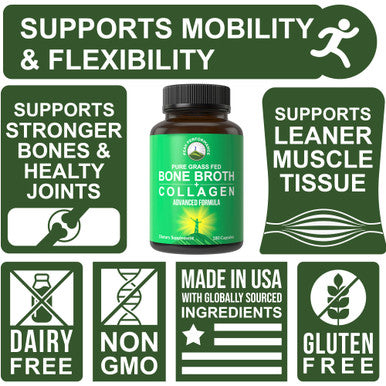 Bone Broth Collagen Capsules. 180 Pills Of Grass Fed Bone Broth Collagen Protein Peptides. Contains All 3 Collagen Types