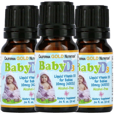 Baby Vitamin D3 By California Gold Nutrition - Liquid D3 Supplement For Babies, Vegetarian Friendly - Developmental Support - Alcohol & Gluten Free, Non-Gmo - 10 Mcg (400 Iu) - 0.34 Fl Oz (10 Ml), 3