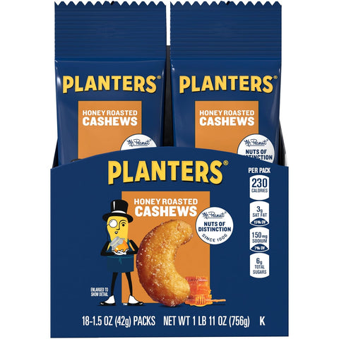 PLANTERS Deluxe Honey Roasted Whole Cashews, Party Snacks, Plant-based Protein, 2 oz Bags (Pack of 15)