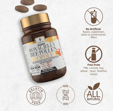 Bee And You Royal Jelly Tablet, Propolis Extract, Bee Pollen, 100% Natural Superfood, Ultra Pure, Immune Support Supplement, Improve Energy, Focus, Antioxidants, Fresh, Keto, Paleo, Gluten- 60Ct